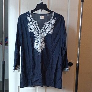 Elie Tahari Navy Blouse with White Embroidery